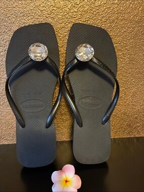 Havaianas Black Sandals with Clear Gem Accent